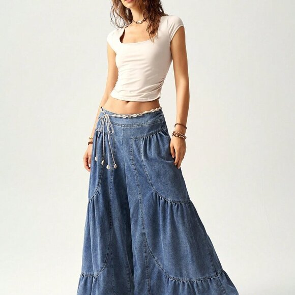 Blue Casual Women's Woven Loose Wide-Leg Washed Denim Pants - Picture 7 of 8